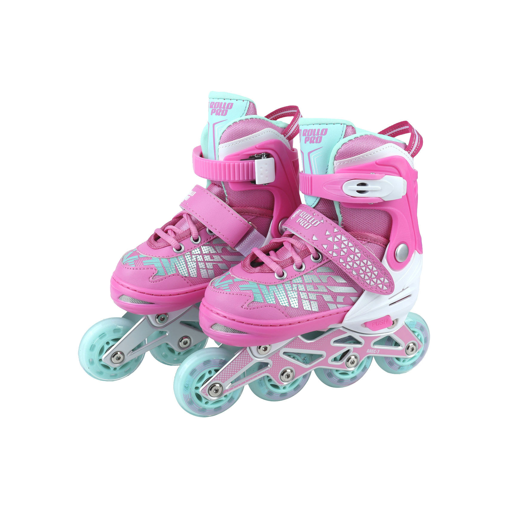 

Коньки роликовые ROLLO PRO Pink раздвижные с надписью розовые с белыми вставками и голубыми колесами