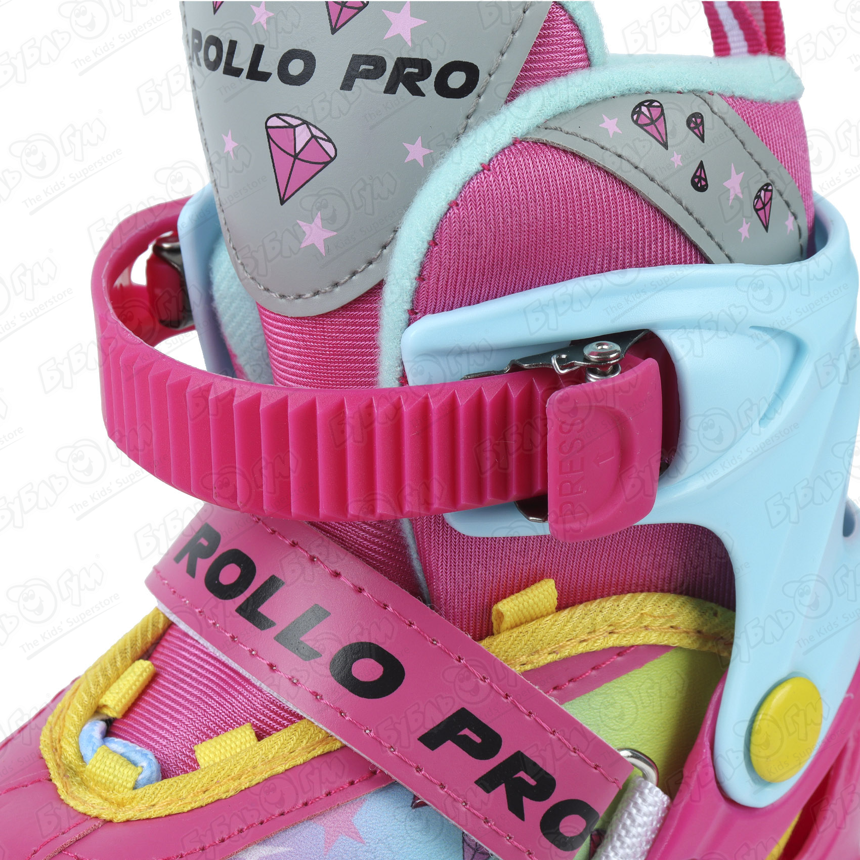 Коньки роликовые ROLLO PRO Pink раздвижные принт кристаллы розово-голубые с желтыми вставками - фото 10