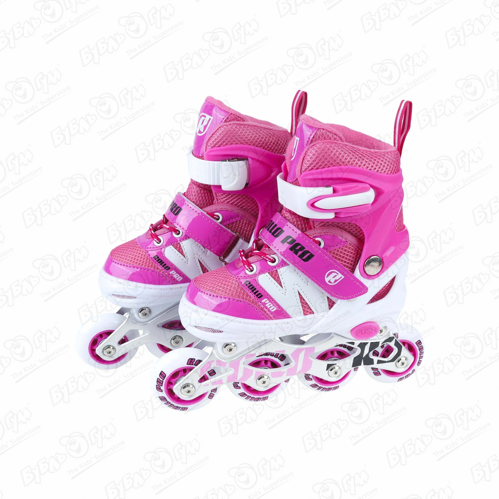 Коньки роликовые ROLLO PRO раздвижные  с липучкой розовые с белыми вставками - фото 1