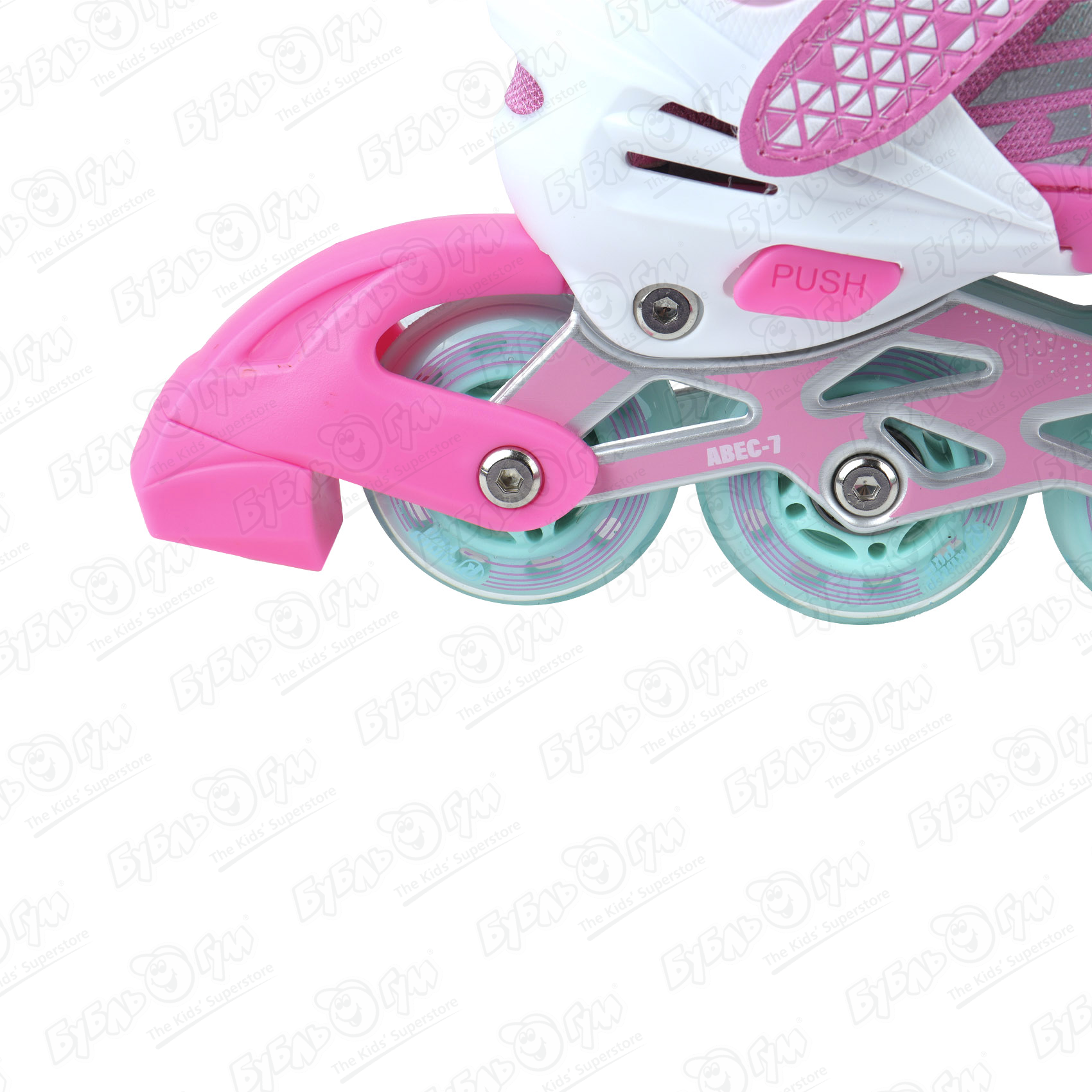 Коньки роликовые ROLLO PRO Pink раздвижные с надписью розовые с белыми вставками и голубыми колесами - фото 8