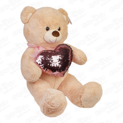 Игрушка мягкая медведь бежевый с розовым сердцем пайетками 50см мягкая игрушка стич 50см