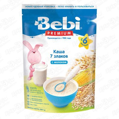 цена Каша Bebi PREMIUM молочная 7 злаков с витаминами и минералами 200г с 6мес БЗМЖ