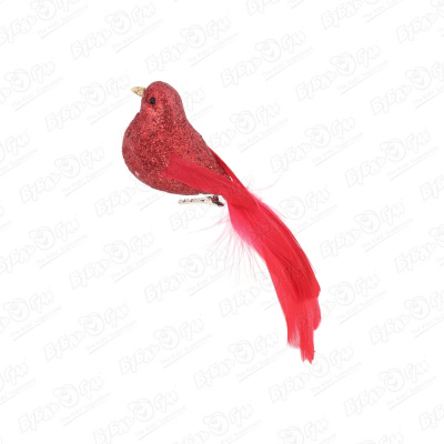 Украшение елочное птица красная с хвостом из перьев 20см