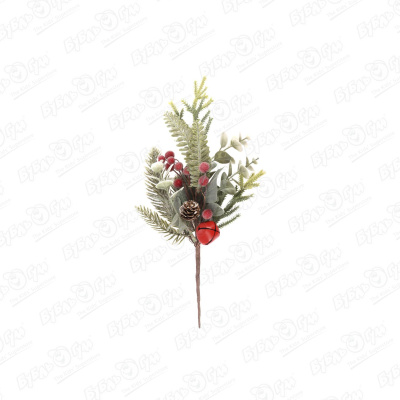 Декор новогодний хвойная ветка красная с шишками и ягодами 35см