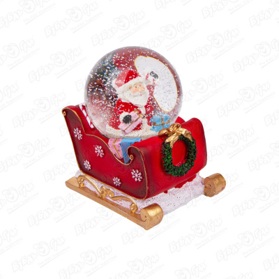 Шар снежный Дед мороз на санях музыкальный светящийся цена и фото