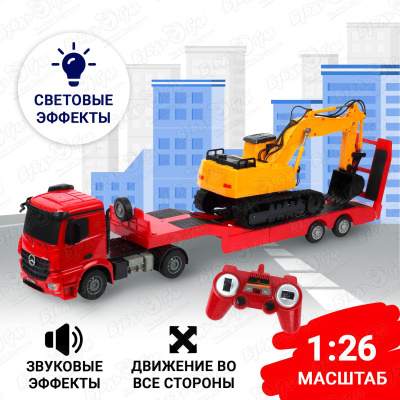 Тягач Mercedez-benz Flatbed Trailer Set с экскаватором р/у 1:26 акб