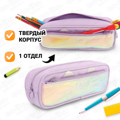 Пенал JUNGER Кошачья мордочка с голографической вставкой в лавандовом цвете в ассортименте