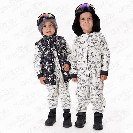 Комбинезон Lanson Kids утепленные флисовый с весёлым принтом белый