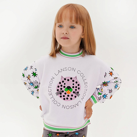 Толстовка Lanson Kids  утепленная с котиком и звездами на кнопках белая