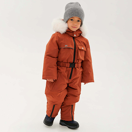 Комбинезон Lanson kids зимний с капюшоном и меховой опушкой на молнии коричневый