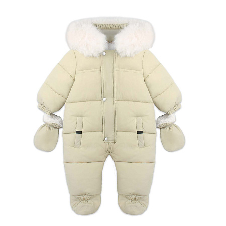 Комбинезон Lanson Kids зимний с капюшоном на молнии и рукавичками бежевый