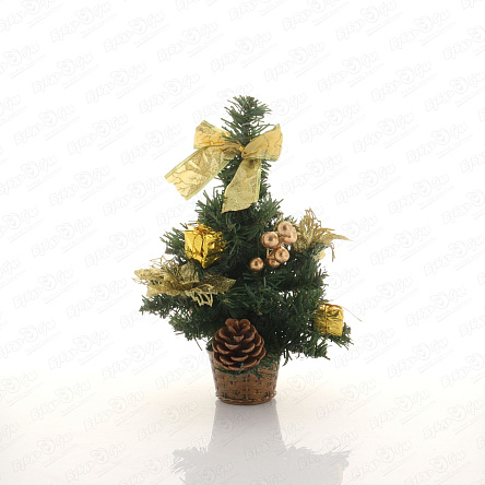 Елка искусственная настольная с золотым декором банты и шишки 30см - фото 360
