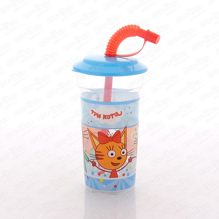 Стакан пластик с трубочкой Три кота голубой 420мл - фото 360