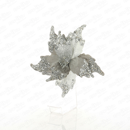 Украшение елочное Пуансеттия серебряная велюровая с декором 20см - фото 360