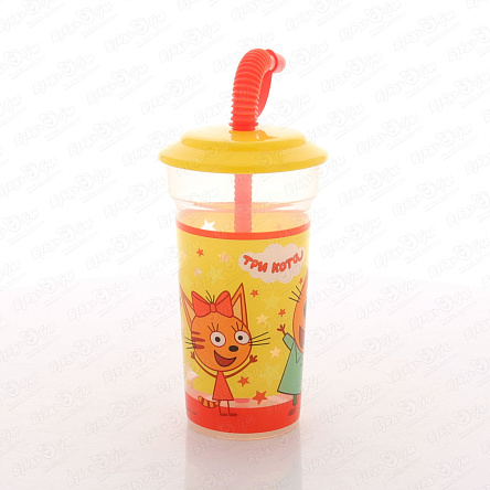 Стакан пластик с трубочкой Три кота желтый 420мл - фото 360