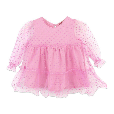 Платье Lanson Kids трикотажное украшено нежной воздушной газовой тканью в горошек розовое