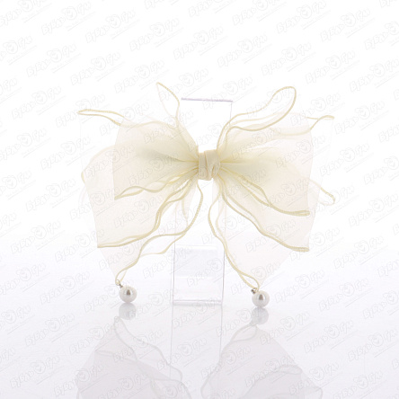 Заколка автоматическая бант белый фатиновый с бусиной - фото 360
