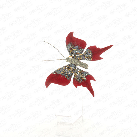 Украшение елочное бабочка красная велюровая с бисером и кристаллами 16,5см - фото 360