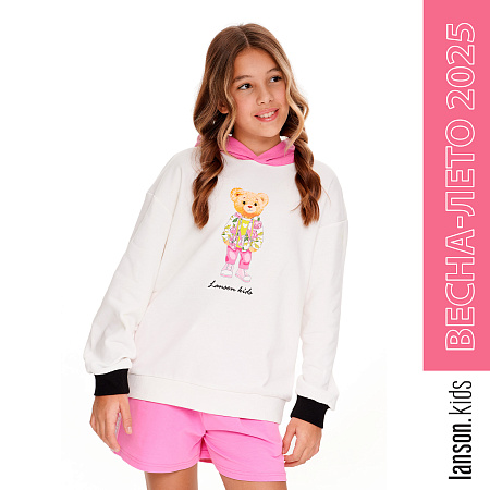 Толстовка Lanson Kids легкая с капюшоном и рисунком мишки белая