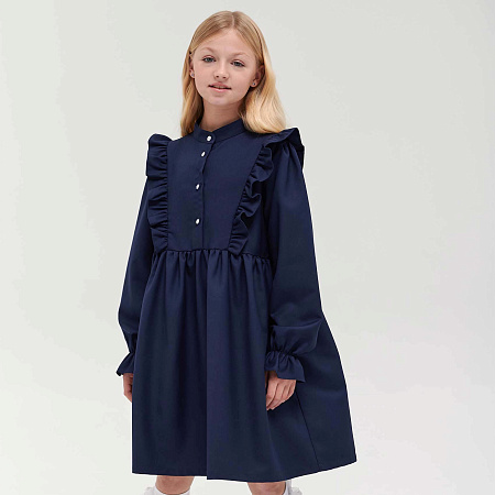Платье Lanson Kids с серебристыми пуговицами с рюшами темно-синее 