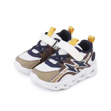 Кроссовки PASITO с коричневыми фигурными деталями и синими молниями белые