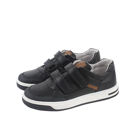 Туфли TIBURON на липучках темно-синие с коричневыми вставками на язычке и сбоку 