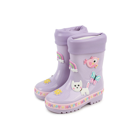 Сапоги водонепроницаемые Pasito с котиком птичкой и бабочкой лиловые