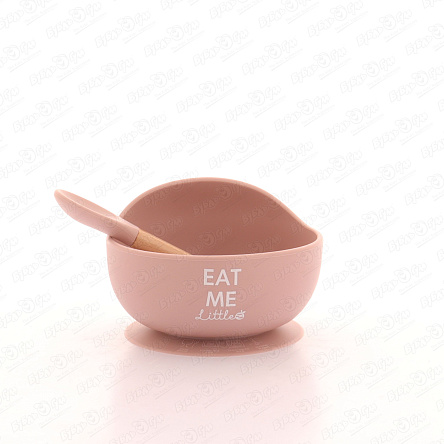 Тарелка глубокая силиконовая с ложкой на присоске розовая - фото 360