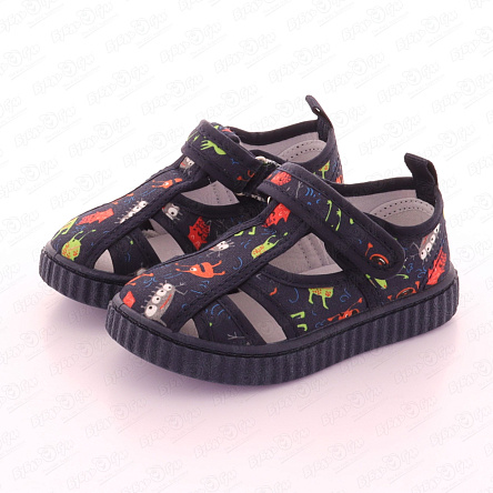 Сандалии Pasito на липучке закрытые с веселым принтом синие - фото 360