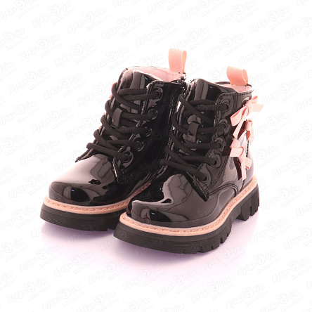 Ботинки Pasito утепленные на шнурках и молнии с милыми розовыми бантиками лаковые черные - фото 360