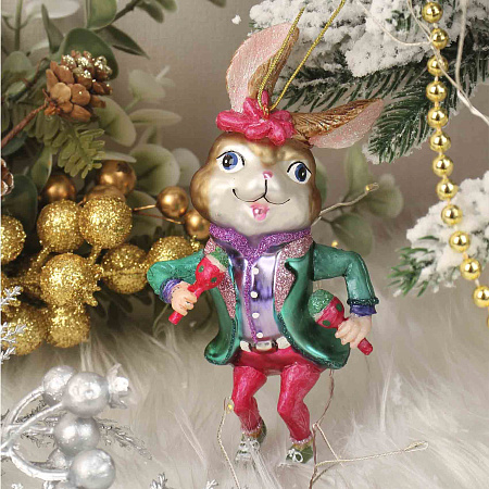 Елочное украшение Кролик-певец  в ярком костюме стекло 13см