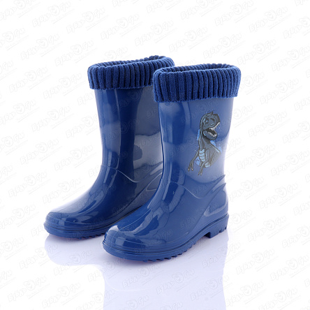 Сапоги водонепроницаемые Pasito с рисунком динозавр с текстильной вставкой с вязаным отворотом синие  - фото 360