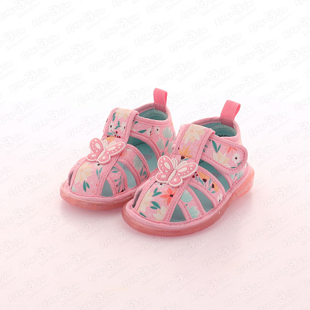 Сандалии Pasito принт цветочный сад с наклейкой бабочка подошва с огоньками розовые - фото 360