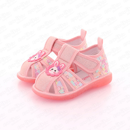 Сандалии Pasito закрытые на липучке с нашивкой зайчик подошва с огоньками розовые - фото 360