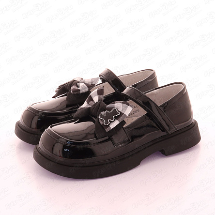 Туфли Barbaris с крупным бантом в клетку и декоративной фигуркой мишки лаковые черные - фото 360