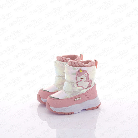 Сапоги сноубутсы Pasito утепленные с нашивкой единорог бело-розовые - фото 360
