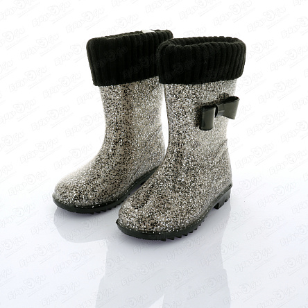 Сапоги водонепроницаемые Pasito с текстильной вставкой с черным отворотом с бантиком с блестками высокие  - фото 360