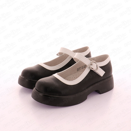 Туфли школьные Barbaris с белой окантовкой и застежкой сердечко черные - фото 360