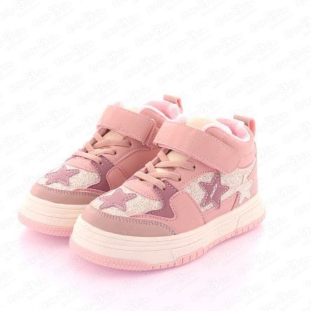 Кроссовки Pasito утепленные на шнуровке и липучке с блестящими вставками и звездами розовые - фото 360