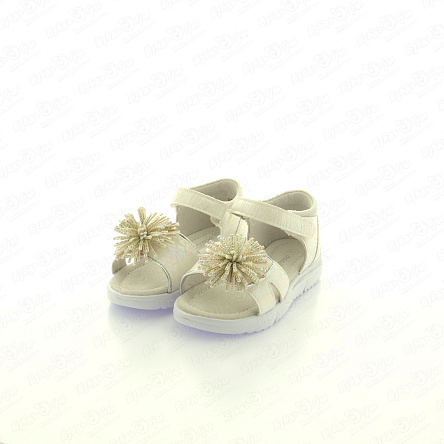 Сандалии Pasito на липучке с бежевым помпоном со стразами белые - фото 360