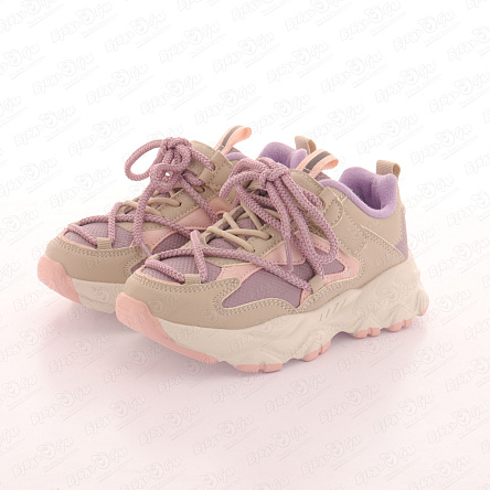 Кроссовки Pasito с сеточными фиолетовыми вставками на шнуровке бежевые - фото 360