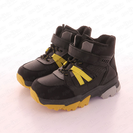 Ботинки Pasito утепленные на липучке шнуровке и молнии с желтыми акцентами черные - фото 360