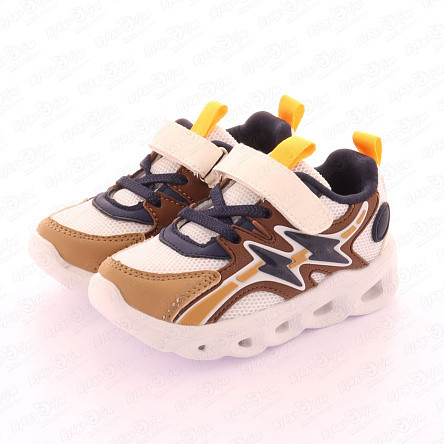 Кроссовки PASITO с коричневыми фигурными деталями и синими молниями белые - фото 360