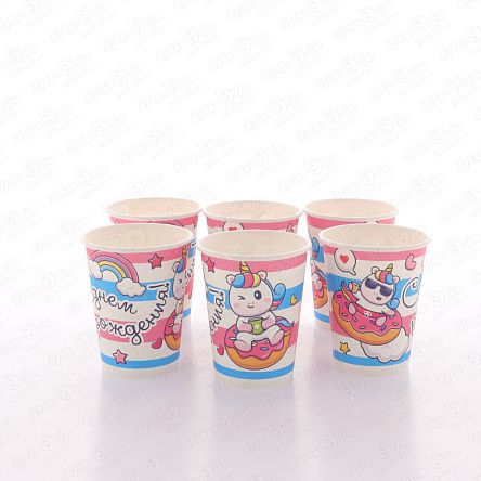 Стаканы Единороги с пончиками одноразовые 200мл 6шт - фото 360