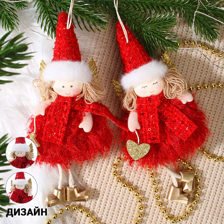 Украшение елочное Ангел мягкий в красном платье с золотистыми пайетками 18см в ассортименте