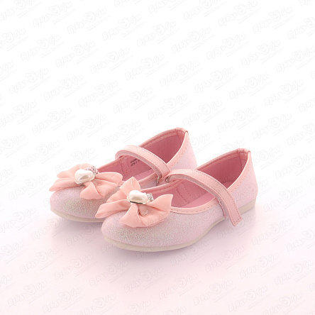 Туфли Pasito на липучке с бантом с бусиной в виде сердечка с короной блестящие розовые - фото 360