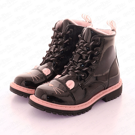 Ботинки Pasito на шнуровке с мордочкой кошечки и розовыми акцентами черные - фото 360