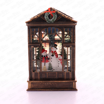 Фонарь декоративный Снеговики с подсветкой и эффектом падающего снега 25см - фото 360