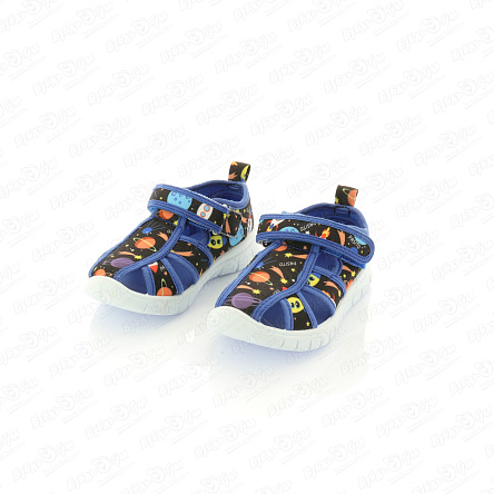 Сандалии Pasito на липучке с синей окантовкой принт космос черные - фото 360