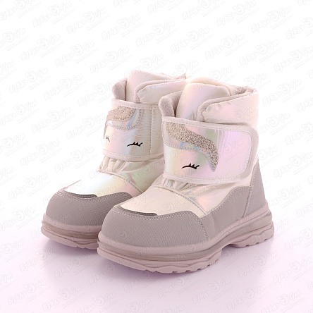 Сапоги сноубутсы PASITO утепленные на липучке с радужным сиянием и изображением единорога белые - фото 360